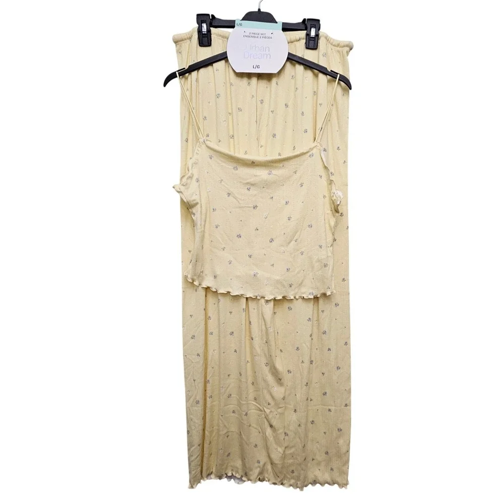 Urban Dream 2 Piece Set Womens Large Yellow Floral Pointelle Lettuce Edge Lounge